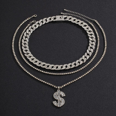 Gold/Silver Cuban Tennis Dollar Sign Choker Bundle