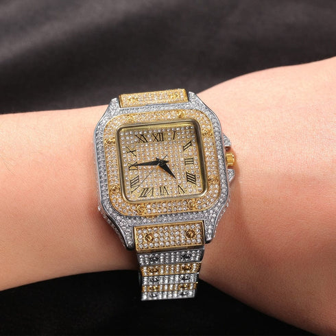 Fully Iced Square Stainless Steel Roman Watch