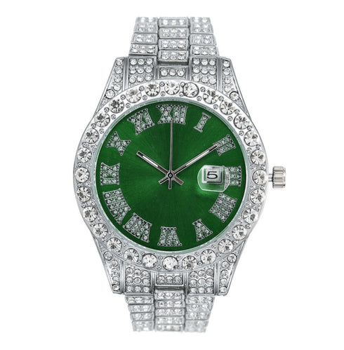 Fully Iced Out Silver Colored Dial Men's Classic Watch