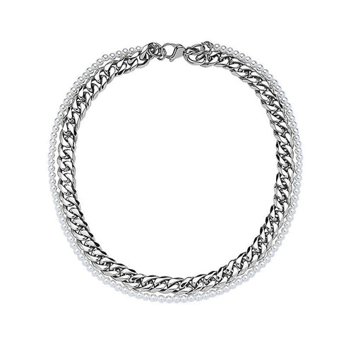 Half Pearl and Steel 10mm Miami Cuban Chain Necklace