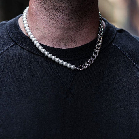 Half Pearl and Steel 10mm Miami Cuban Chain Necklace