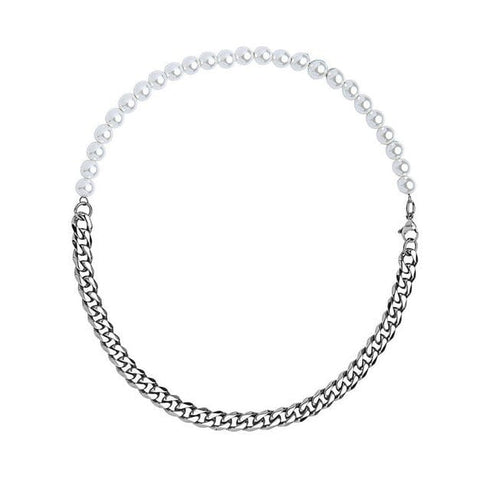 Half Pearl and Steel 10mm Miami Cuban Chain Necklace