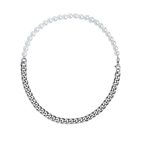 Half Pearl and Steel 10mm Miami Cuban Chain Necklace