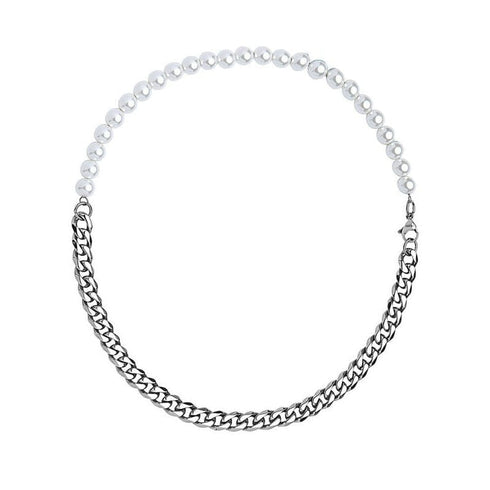 Half Pearl and Steel 10mm Miami Cuban Chain Necklace