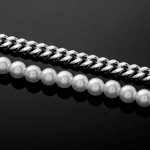 Half Pearl and Steel 10mm Miami Cuban Chain Necklace
