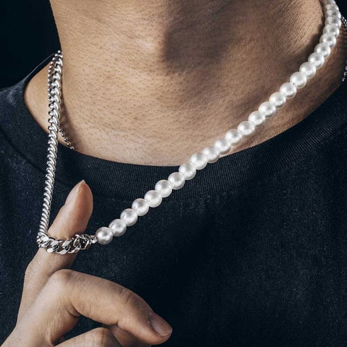 Half Pearl and Steel 10mm Miami Cuban Chain Necklace