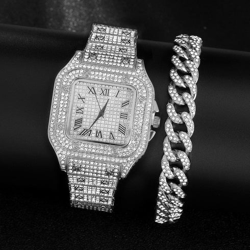 Iced out Cuban Chain & Cuban Bracelet Bundle + FREE Square Roman Watch