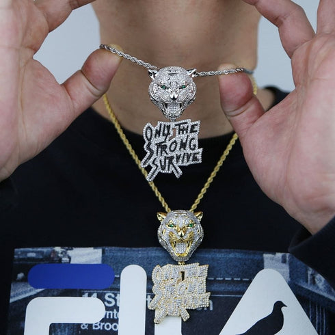 Iced Out Tiger "Only The Strong Survive" Pendant Chain