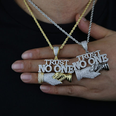 Iced Out Trust No One with Double Hand Pendant
