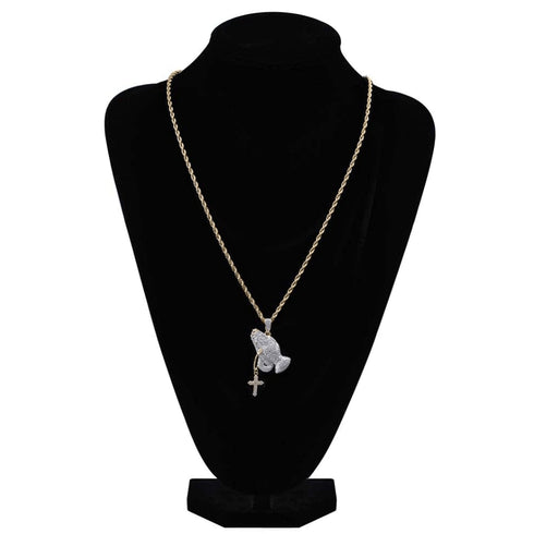 Iced Praying Hands Cross Pendant Chain