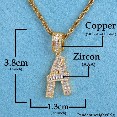 Initial Iced out Baguette Letter Pendant + FREE Chain