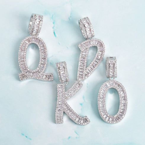Initial Iced out Baguette Letter Pendant + FREE Chain