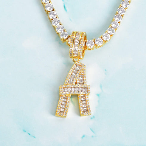 Initial Iced out Baguette Letter Pendant + FREE Chain