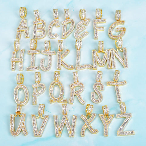 Initial Iced out Baguette Letter Pendant + FREE Chain