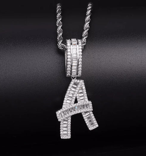 Initial Iced out Baguette Letter Pendant + FREE Chain