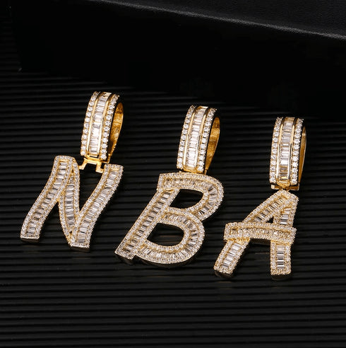 Initial Iced out Baguette Letter Pendant + FREE Chain