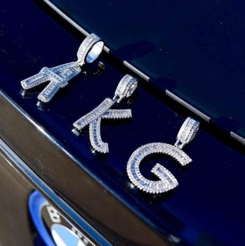 Initial Iced out Baguette Letter Pendant + FREE Chain