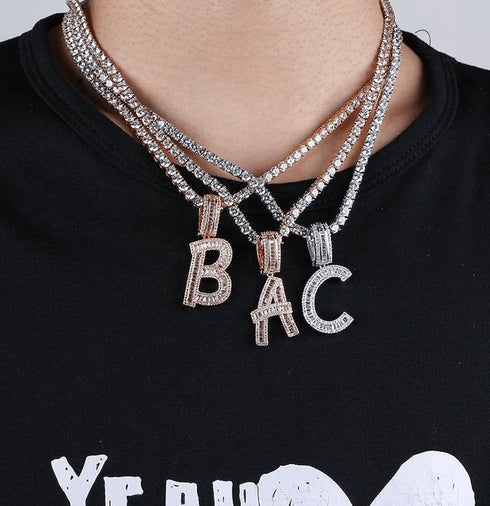 Initial Iced out Baguette Letter Pendant + FREE Chain