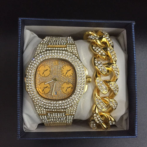 Luxury Cuban Chain + Bracelet + Ring + Watch Set