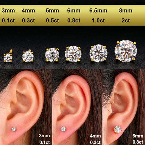 0.1-1 CT Moissanite Sterling Silver/ Gold/ Rose Gold Stud Earrings