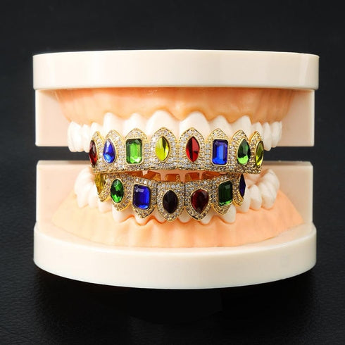 Multi Colored Stone Paved Iced Out Fangs Grillz