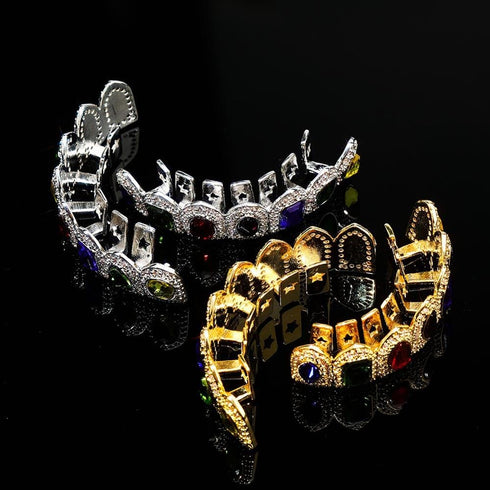 Multi Colored Stone Paved Iced Out Fangs Grillz