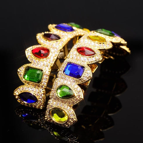 Multi Colored Stone Paved Iced Out Fangs Grillz