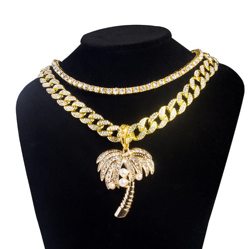 Palm Tree Iced Pendant Cuban + Tennis Chain Bundle