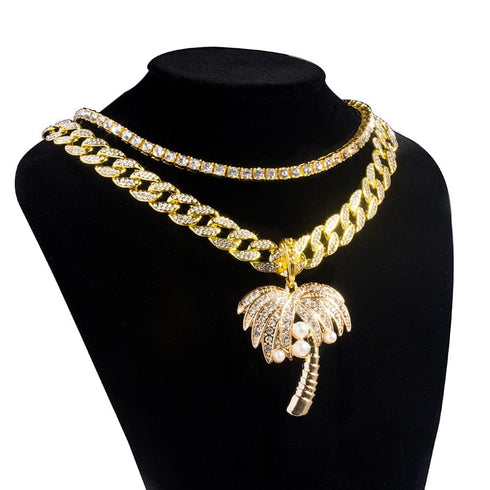 Palm Tree Iced Pendant Cuban + Tennis Chain Bundle