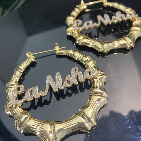 Personalized Custom Bamboo Name Hoop Earrings