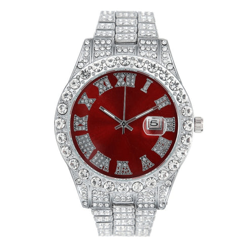 Fully Iced Out Silver Colored Dial Men's Classic Watch