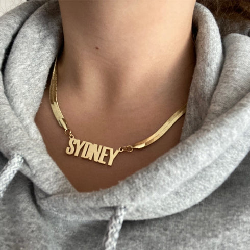 Custom Name Herringbone Chain – Gold Plated Personalized Necklace