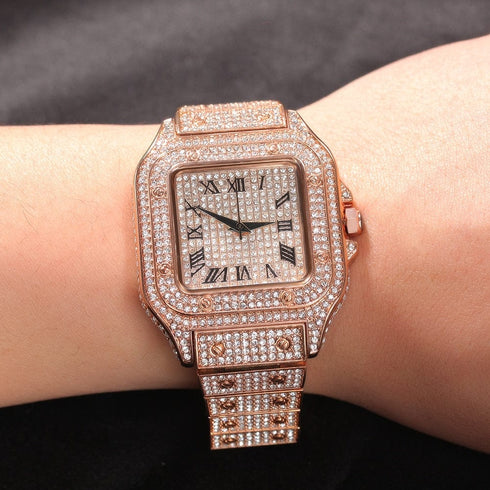 Fully Iced Square Stainless Steel Roman Watch
