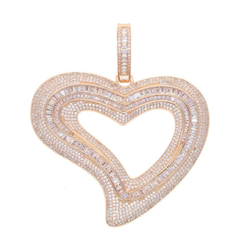 VVS Jewelry Iced Out Big Hollow Baguette Heart Pendant Chain