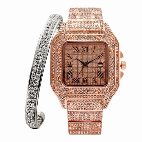 Fully Iced Roman Square Bezel Watch + FREE Iced Bangle