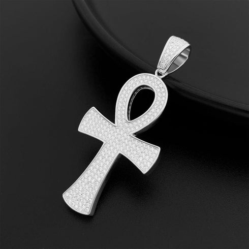 Round Ankh Cross S925 Silver Moissanite Iced Pendant Necklace