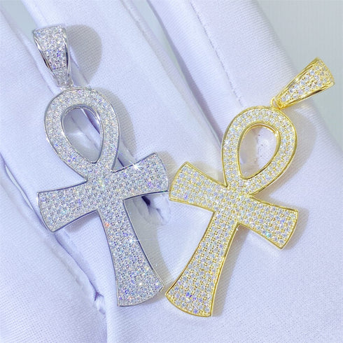 Round Ankh Cross S925 Silver Moissanite Iced Pendant Necklace