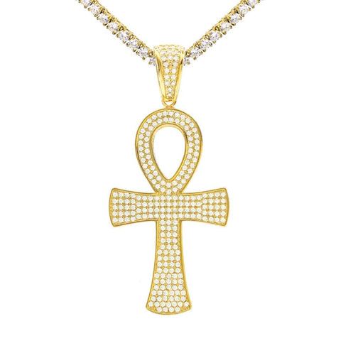 Round Ankh Cross S925 Silver Moissanite Iced Pendant Necklace