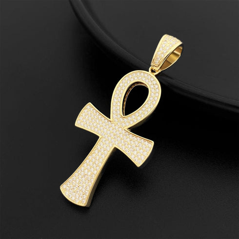 Round Ankh Cross S925 Silver Moissanite Iced Pendant Necklace