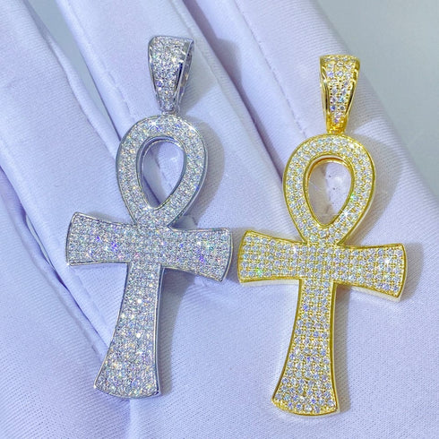 Round Ankh Cross S925 Silver Moissanite Iced Pendant Necklace