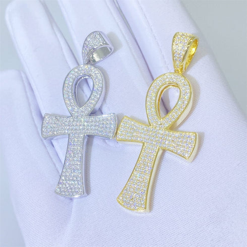 Round Ankh Cross S925 Silver Moissanite Iced Pendant Necklace