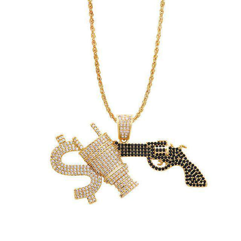 Gold Grillz + Bling Gun Pendant + Bling Gold Watch Set