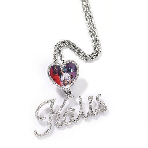 Custom Heart Photo Pendant with Cursive Letter Pendant Necklace