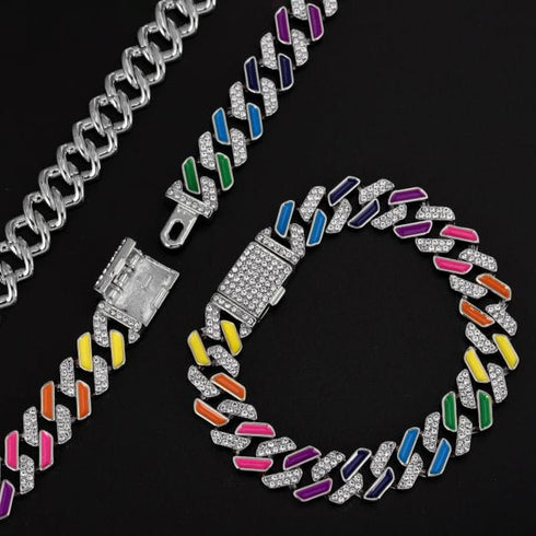 Rainbow Cuban Link Chain – Multicolor Iced Out Necklace & FREE Bracelet