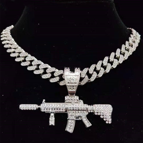 Fully Iced Submachine Gun Pendant Rapper Necklace