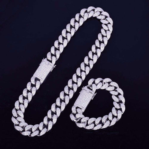 18k Gold/Silver Cuban Link Chain Set – Iced Out Necklace & FREE Bracelet