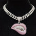 Fully Iced Out Pink Biting Lip Cuban Pendant Chain