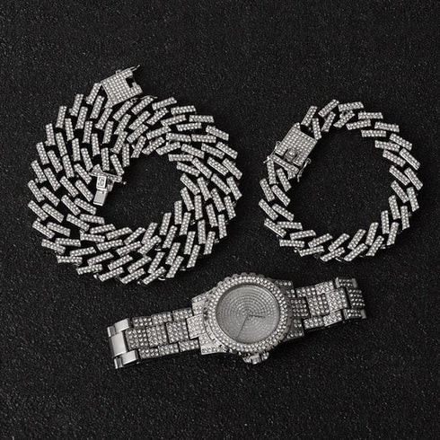 Miami Micro Pave Cuban Chain + Bracelet + Watch Set