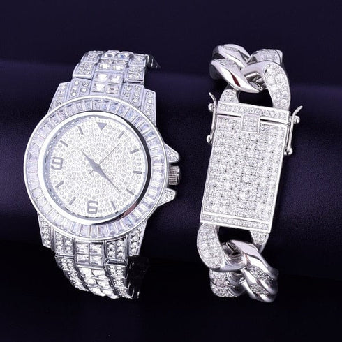 40mm Dial Iced Baguette Military Watch with Cuban Bracelet Bundle