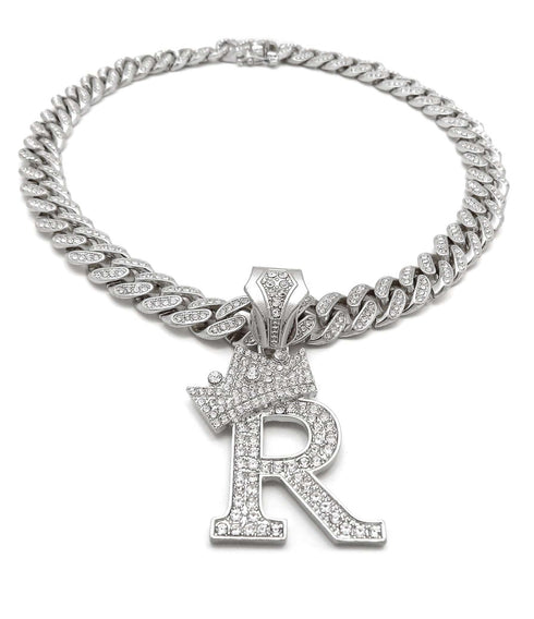 VVS Jewelry Silver Crowned Initial Cuban Pendant Chain